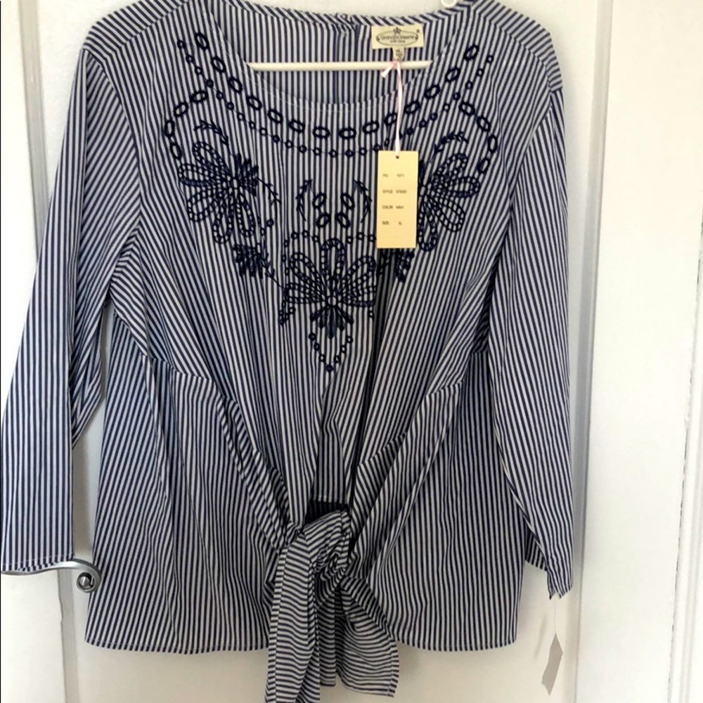 Blue pinstripe flowered Grand and Greene blouse